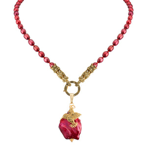 Adorable Gold Marcasite Hummingbird on Ruby Red Pearls Neckline