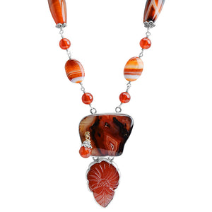 Vibrant Colors of Stripped & Carved Carnelian Sterling Silver Statement Necklace