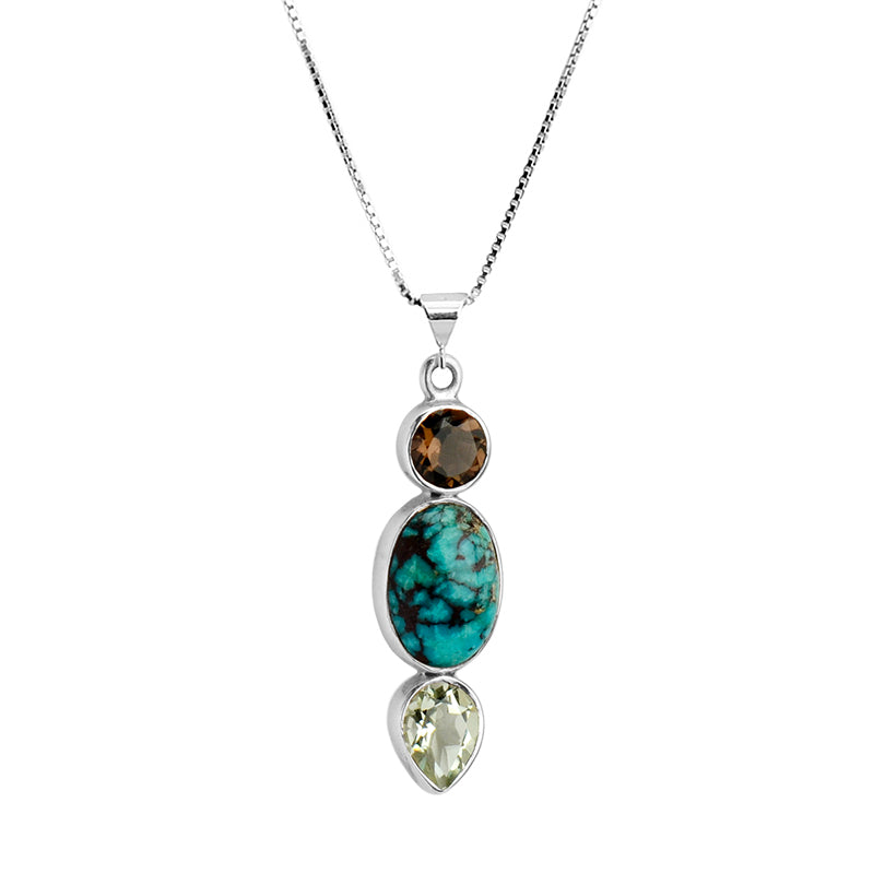 Small 3-Stones of Turquoise, Smoky Quartz and Green Amethyst Sterling Silver Necklace 16" - 18"