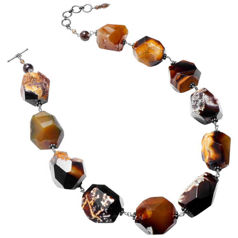 Magnificent Bold Chunky Golden Brown Agate Nuggets Sterling Silver Toggle Statement Necklace