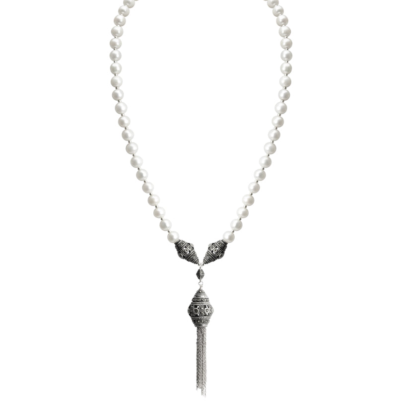Stunning Vintage Inspired Marcasite Tassel Necklace on Fresh Water Pearl Neckline 17"-only one available