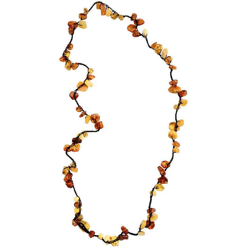 Polish Designer Gorgeous Long Lacey Baltic Amber Knotted Necklace 36"