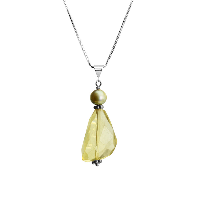 Faceted Lemon Quartz and Fresh Water Pearl Sterling Silver Necklace