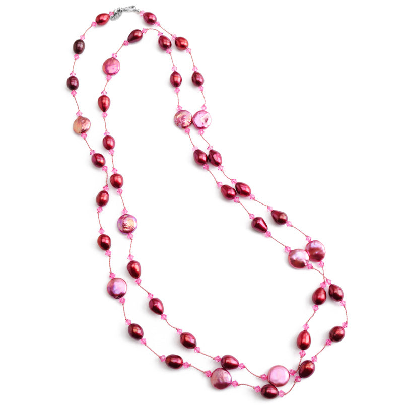 Gorgeous Rose Color Coin Pearls & Red Fresh Water Pearl Silk Knotted Statement Necklace 50"