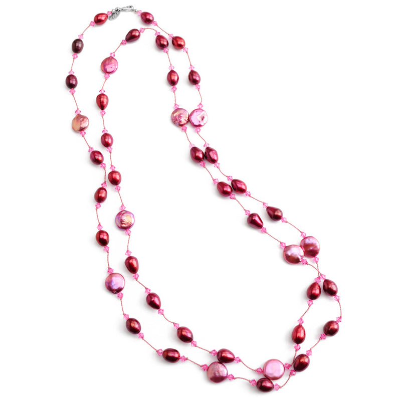 Gorgeous Rose Color Coin Pearls & Red Fresh Water Pearl Silk Knotted Statement Necklace 50