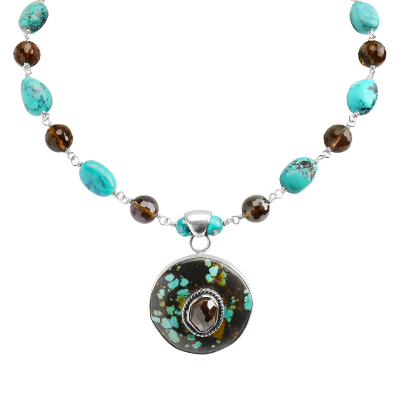 Gorgeous Genuine Turquoise and Smoky Quartz Sterling Silver Statement Necklace