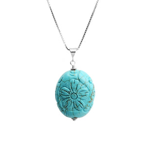 Lovely Chalk Turquoise Carved Flower Sterling Silver Flower Necklace