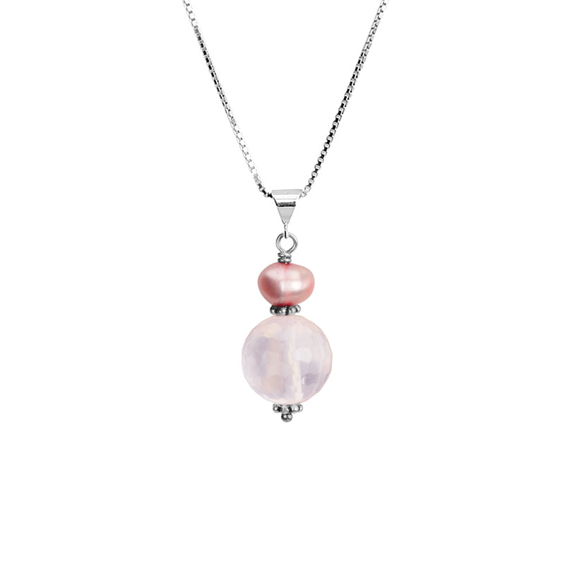 Faceted Rose Quartz and Fresh Water Pearl Sterling Silver Necklace
