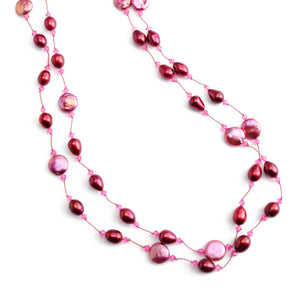 Gorgeous Rose Color Coin Pearls & Red Fresh Water Pearl Silk Knotted Statement Necklace 50"