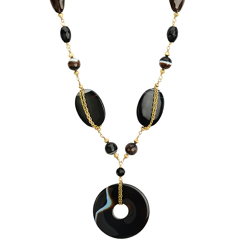 Gorgeous Black Onyx and Smoky Quartz on Sparkling Gold Filled Necklace