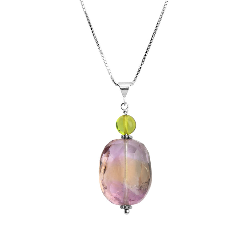 Diamond Cut Lavender Ametrine & Caribbean Green Amber Sterling Silver Necklace