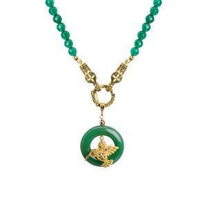 Whimsical Hummingbird on Green Jade Circle Gold Plated Statement Necklace