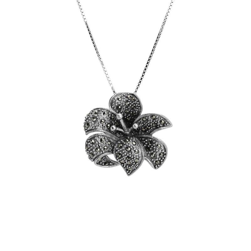 Larger Marcasite Lily Sterling Silver Flower Necklace