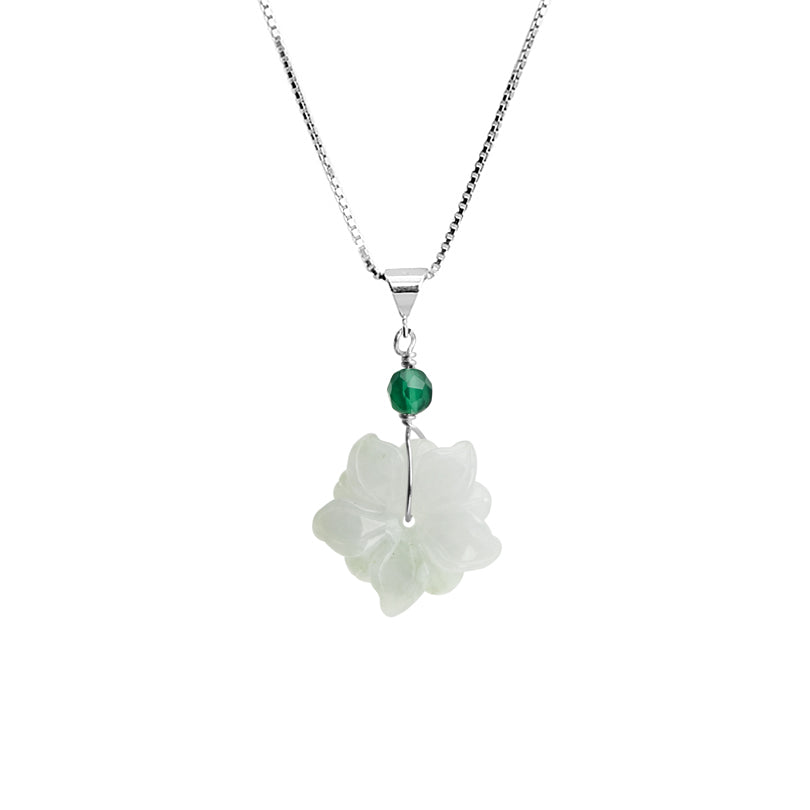 Tiny Carved Jade and Aventurine Sterling Silver Flower Necklace