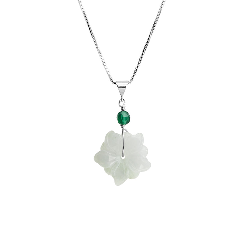 Tiny Carved Jade and Aventurine Sterling Silver Flower Necklace