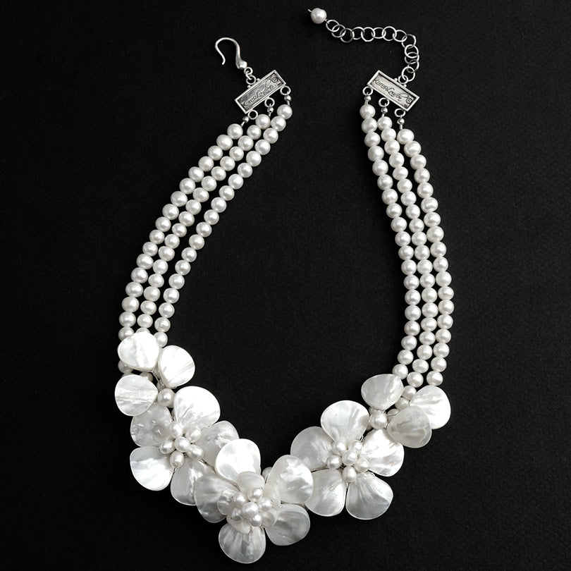 Gorgeous Mother of Pearl and Fresh Water Pearl Flower Statement Necklace