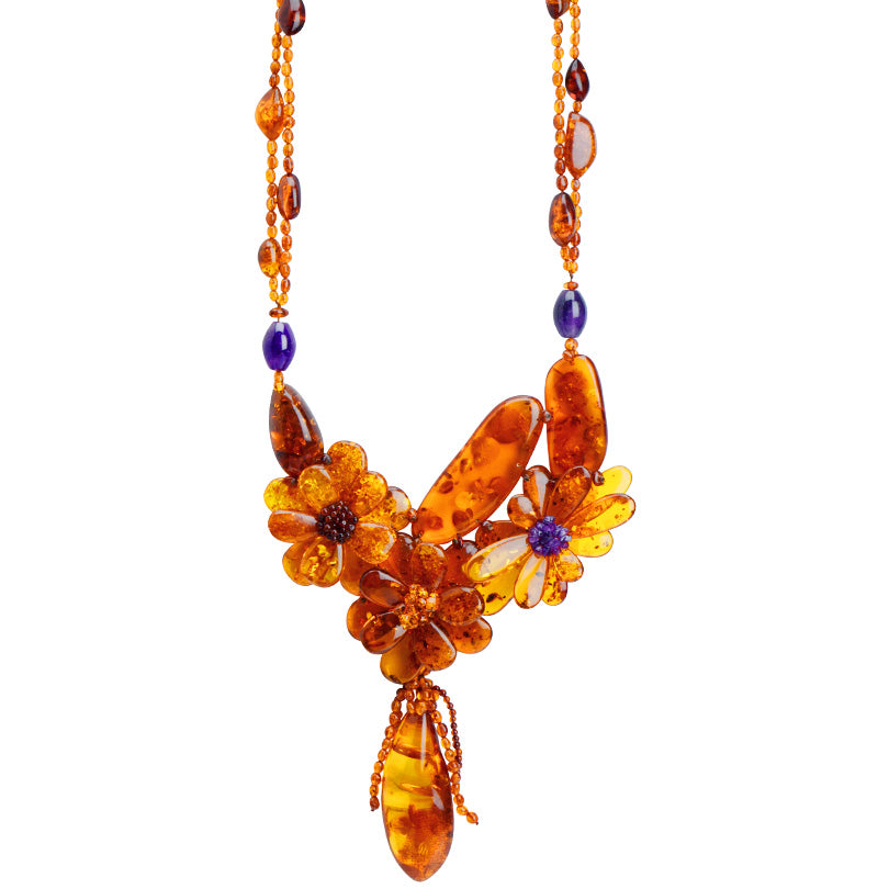 Magnificent Polish Designer Cognac Baltic Amber & Amethyst Flower Statement Necklace