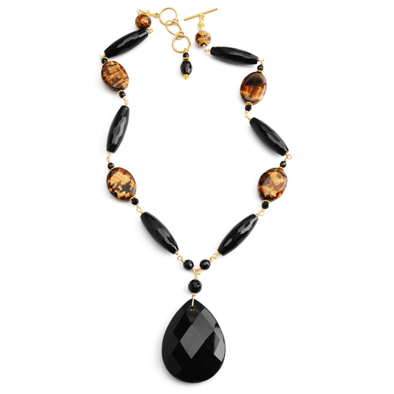 Leopard Print Agate with Black Onyx Gold Filled Necklace 18