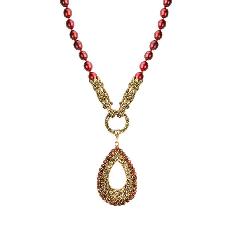 Beautiful Ruby Pearls with Gold Plated Marcasite Surrounded by a Garnet Border Statement Necklace
