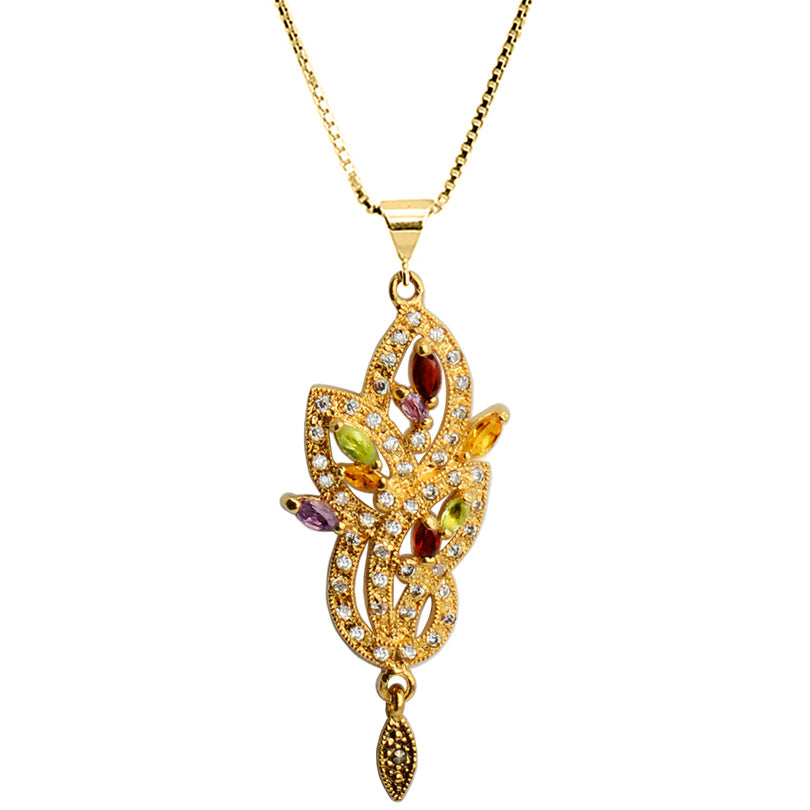 Gorgeous Art Deco Mixed Gemstones with Crystal Gold Plated Necklace