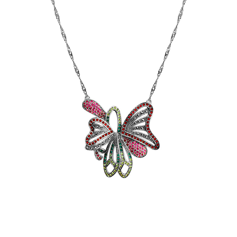 Sparkling Bright Crystal and Marcasite Butterfly Sterling Silver Statement Necklace