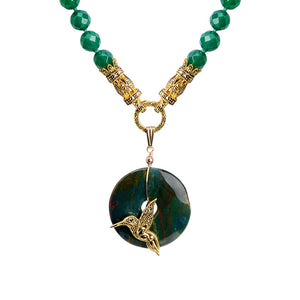 Beautiful Green Agate with Gold Plated Silver Hummingbird Statement Necklace