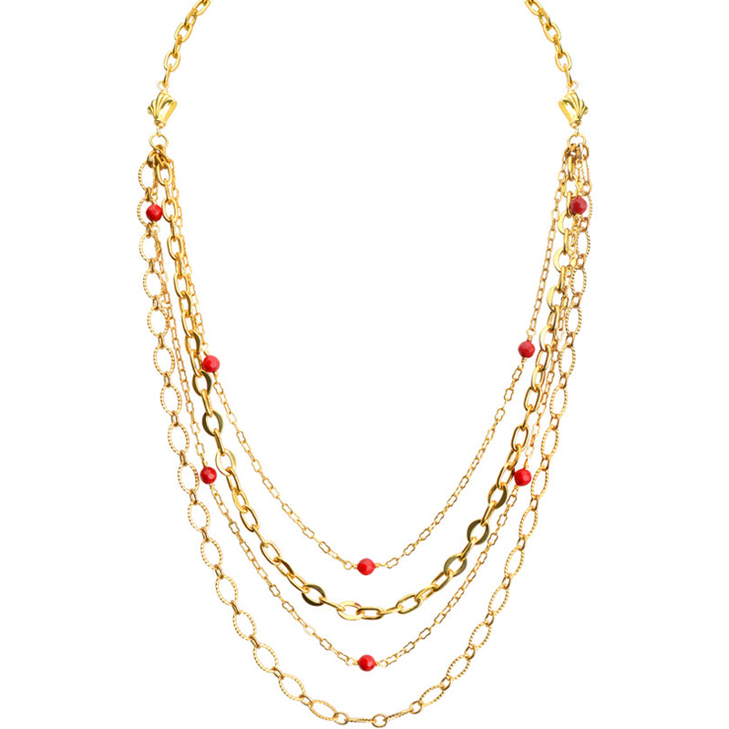 Delicate Gold Plated Chains with Coral Accents Necklace