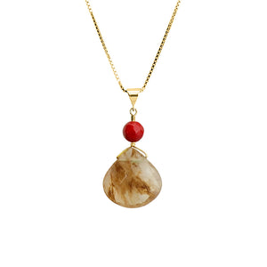 Gold Rutilated Quartz and Coral on Italian Vermeil Necklace
