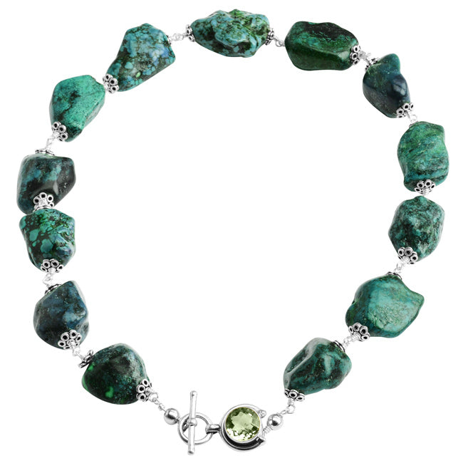Stunning Genuine Turquoise Nugget Statement Necklace with Green Amethyst Sterling Silver Clasp