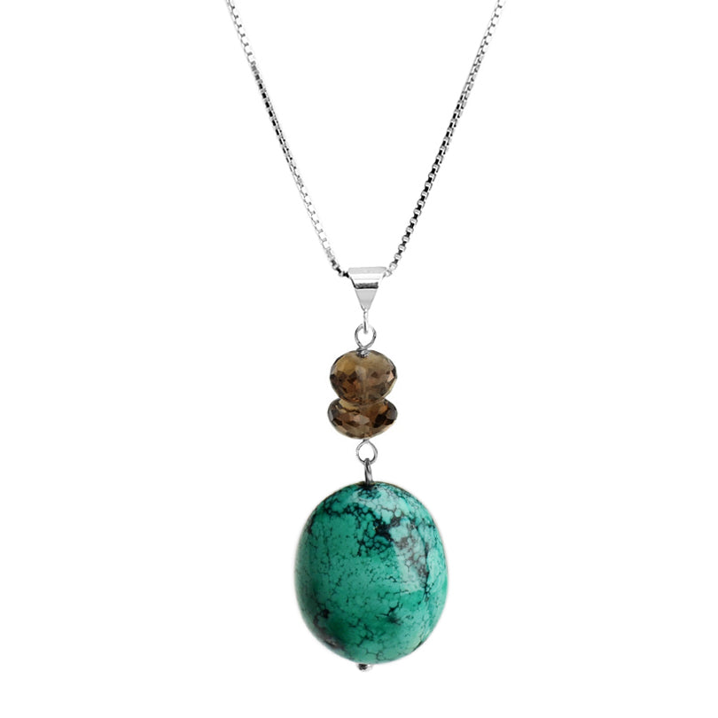Genuine Turquoise and Smoky Quartz Sterling Silver Necklace