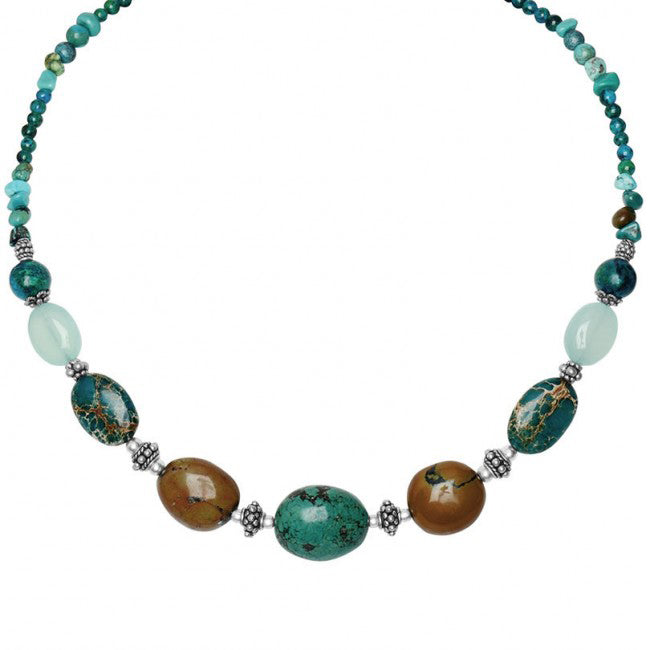 Glorious Ocean Shades of Genuine Turquoise & Chalcedony Sterling Silver Statement Necklace