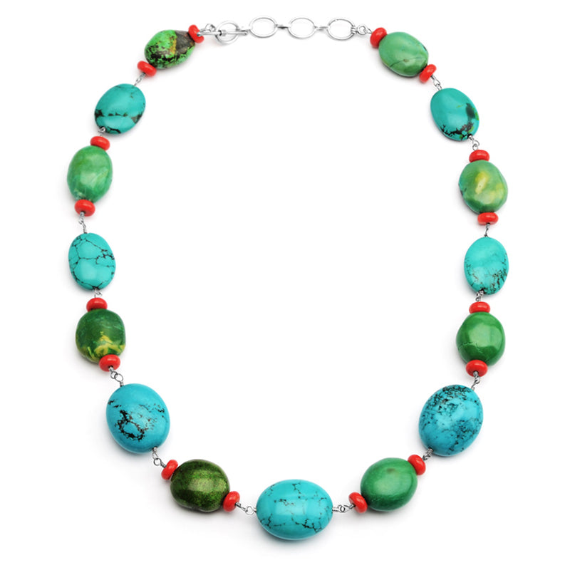Vibrant Chalk Turquoise with Coral Sterling Silver Toggle Clasp Statement Necklace
