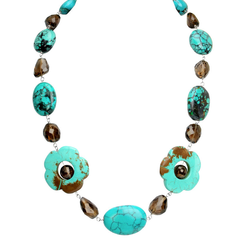 Genuine Turquoise & Smoky Quartz with Chalk Turquoise Flowers Silver Statement Necklace