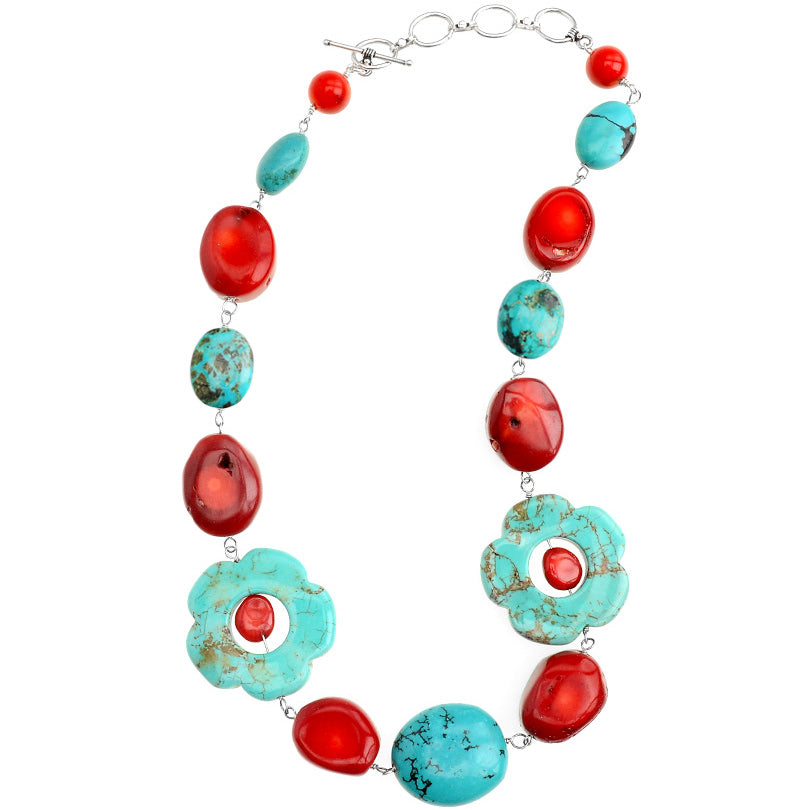 Fun Filled Turquoise and Coral Sterling Silver Flower Statement Necklace