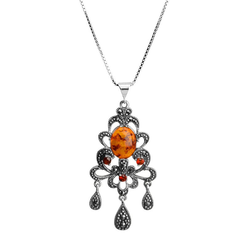 Unique Amber, Marcasite and Garnet Sterling Silver Vintage Style Necklace