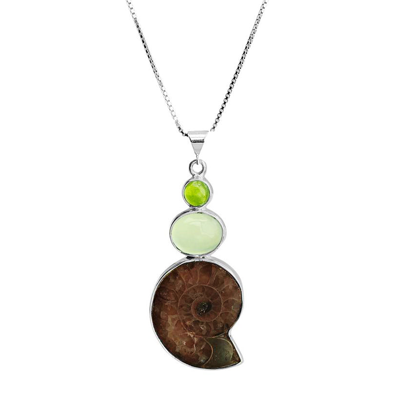 Natural Ammonite Fossil, Prehnite and Peridot Sterling Silver Necklace