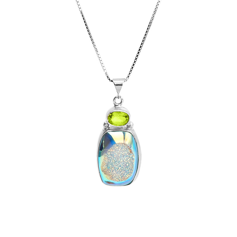 Shimmering Aqua Titanium Druzy and Peridot Sterling Silver Necklace