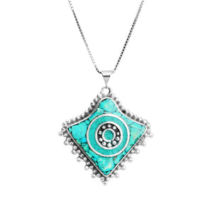 Genuine Himalayan Turquoise Silver Plated Nepal Necklace on Italian Silver Chain