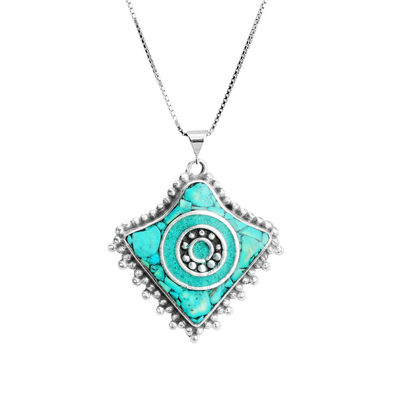 Genuine Himalayan Turquoise Silver Plated Nepal Necklace on Italian Silver Chain