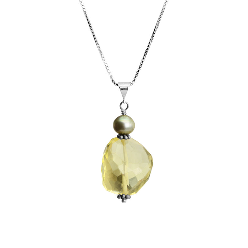 Faceted Lemon Quartz and Fresh Water Pearl Sterling Silver Necklace