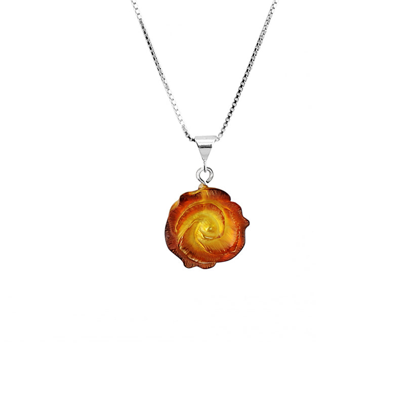 Beautiful Carved Amber Flower Sterling Silver Necklace