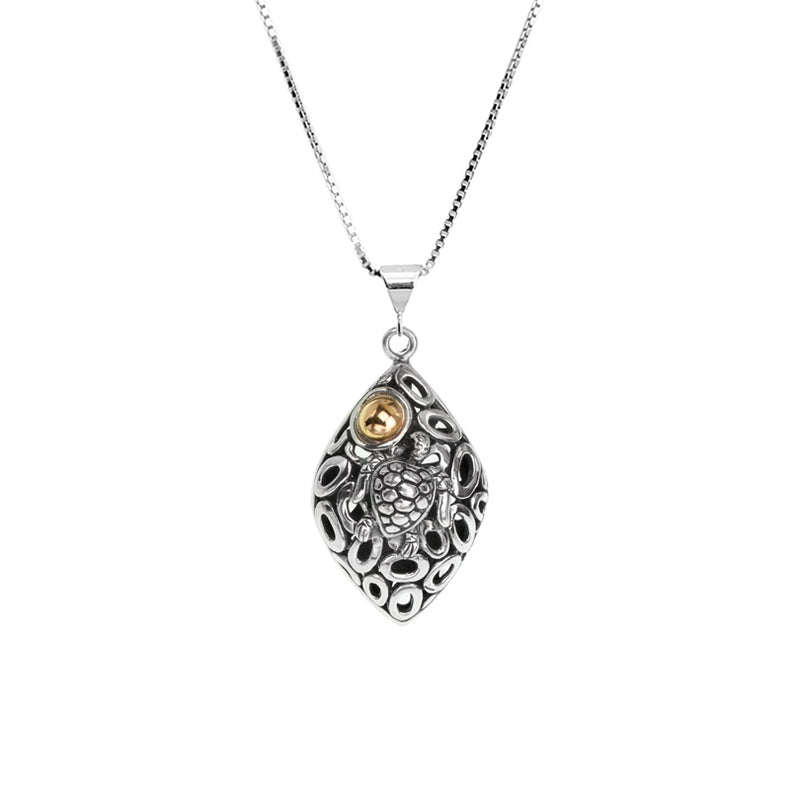 3-D Balinese Turtle with 18Kt Gold Accent Sterling Silver Necklace