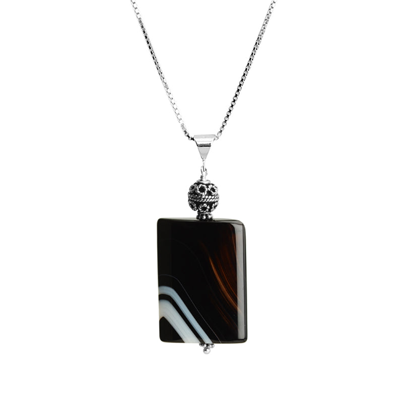 Natural Striped Black Onyx Balinese Sterling Silver Necklace