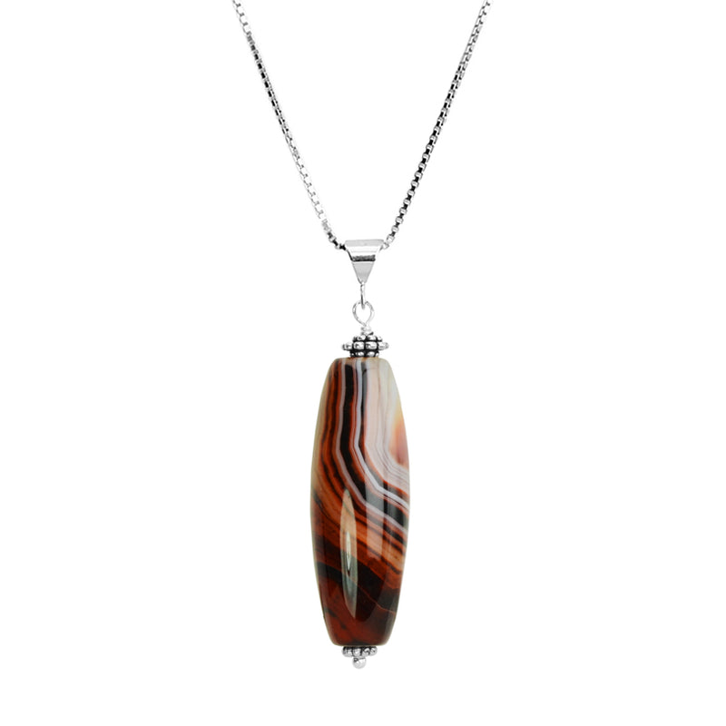 Natural Striped Carnelian Agate Stone Sterling Silver Necklace