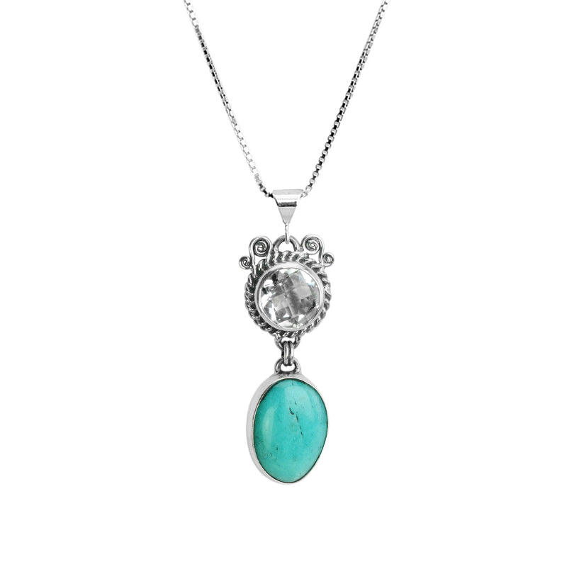 Natural Amazonite and Sparkling Faceted Quartz Sterling Silver Necklace