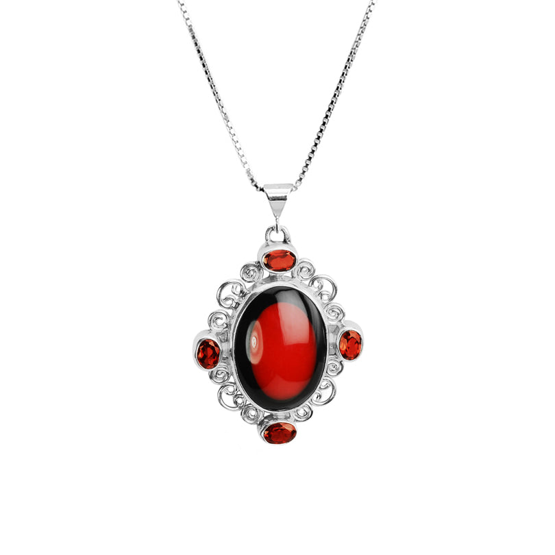 Stunning Balinese Garnet and Coral with Black Border Sterling Silver Statement Pendant