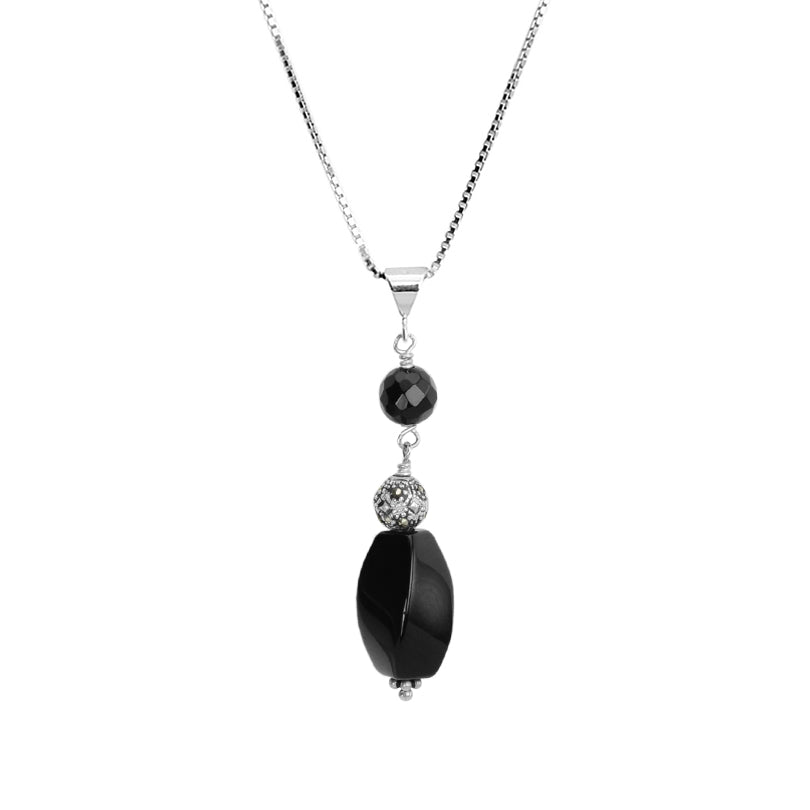Elegant Black Onyx Pendant with Marcasite Ball on Sterling Silver  Italian Box Link Chain