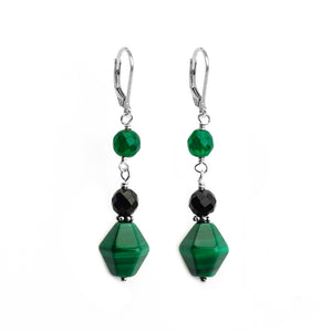 Beautiful Diamond Shape Green Malachite with Onyx Sterling Silver Earrings