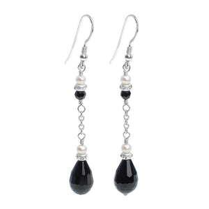 Elegant Black Onyx & Fresh Water Pearl Sterling Silver Earrings