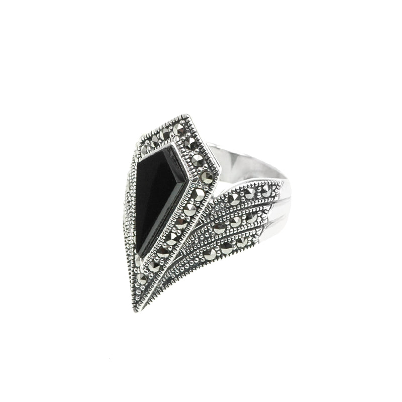 Diamond Crest Black Onyx Marcasite Sterling Silver Statement Ring